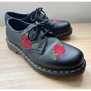 Dr. Martens 1461 Vonda Black Shoes with Embroidered Red Roses US Size 9